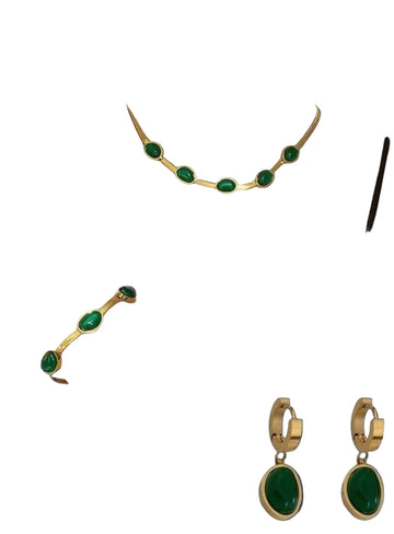 Oval Green Crystal Pendant Necklace Set With Bracelet